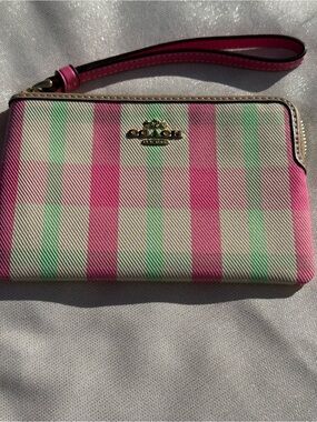 Coach Pink and Mint Stripe Wristlet Clutch with Gold Logo
